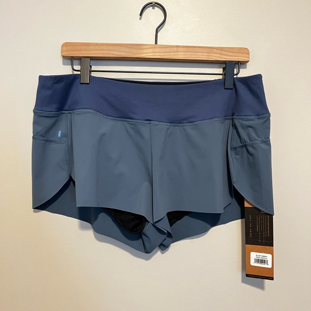 NWT NOBULL Women’s 2 in 1 Shorts Steel Blue Size Large 2.5”